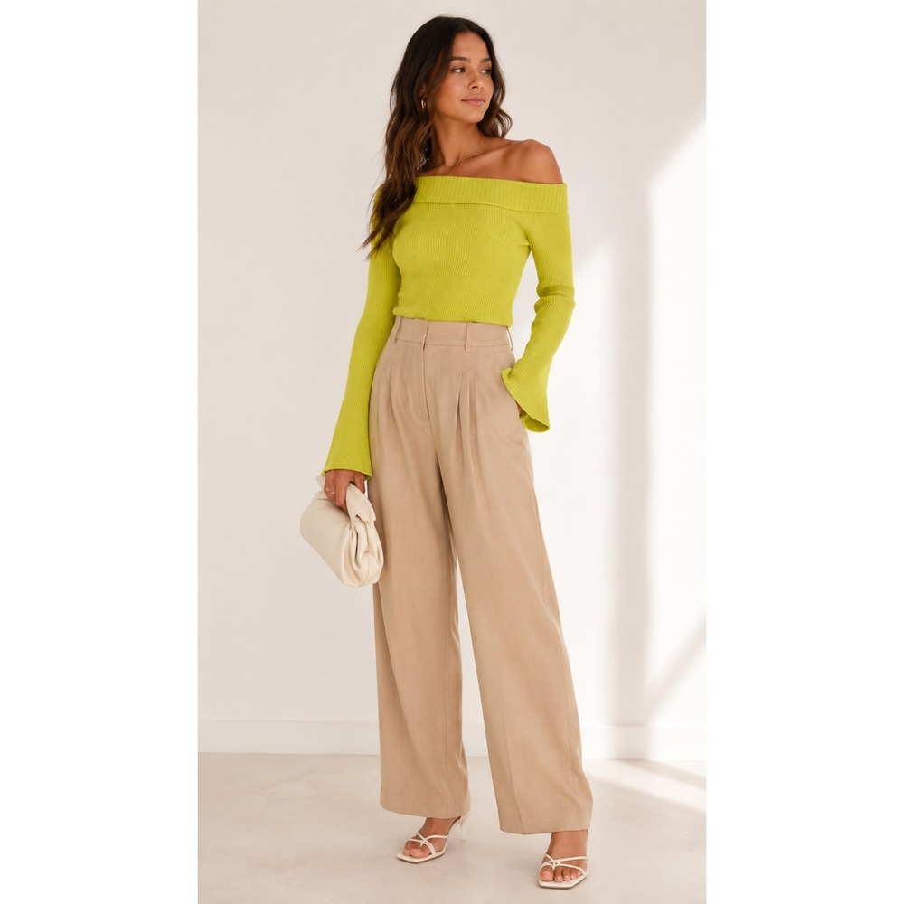 Lovers + Friends Lime Green Ribbed Off Shoulder Bell Sleeve Sweater Size Medium